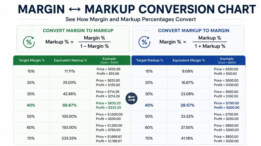 Margin markup conversion chart by percentage showing equivalent margin and markup values