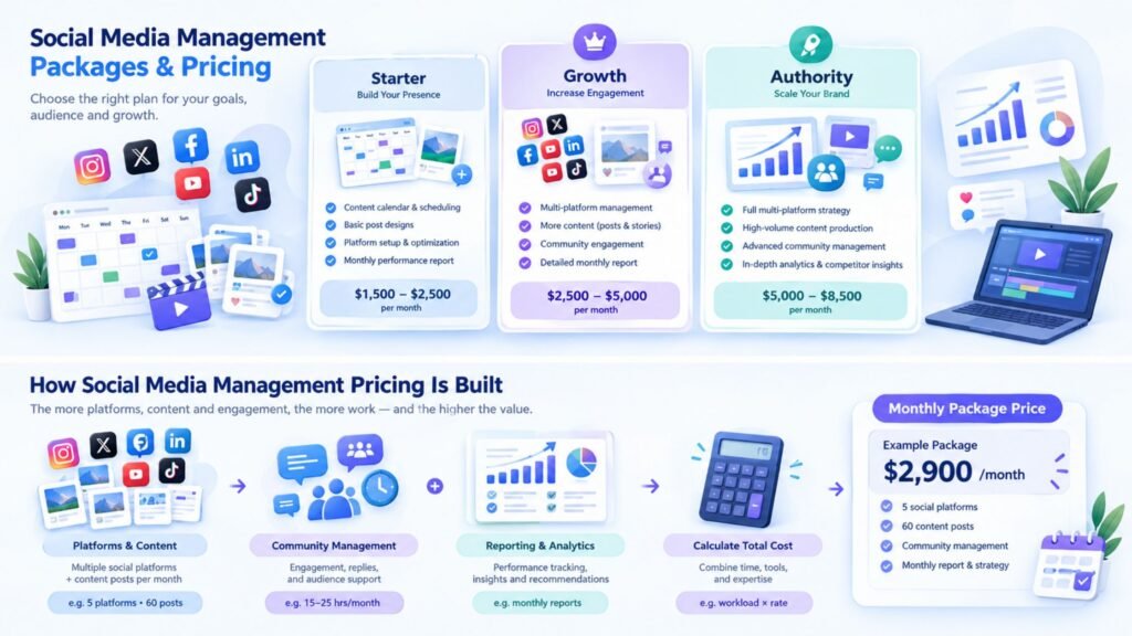 Social media management pricing calculated from platforms, posts, services, and monthly workload