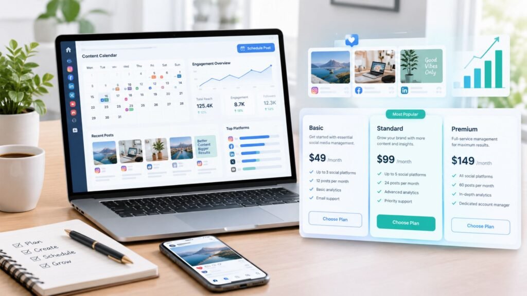 Social media management pricing plans with analytics dashboard