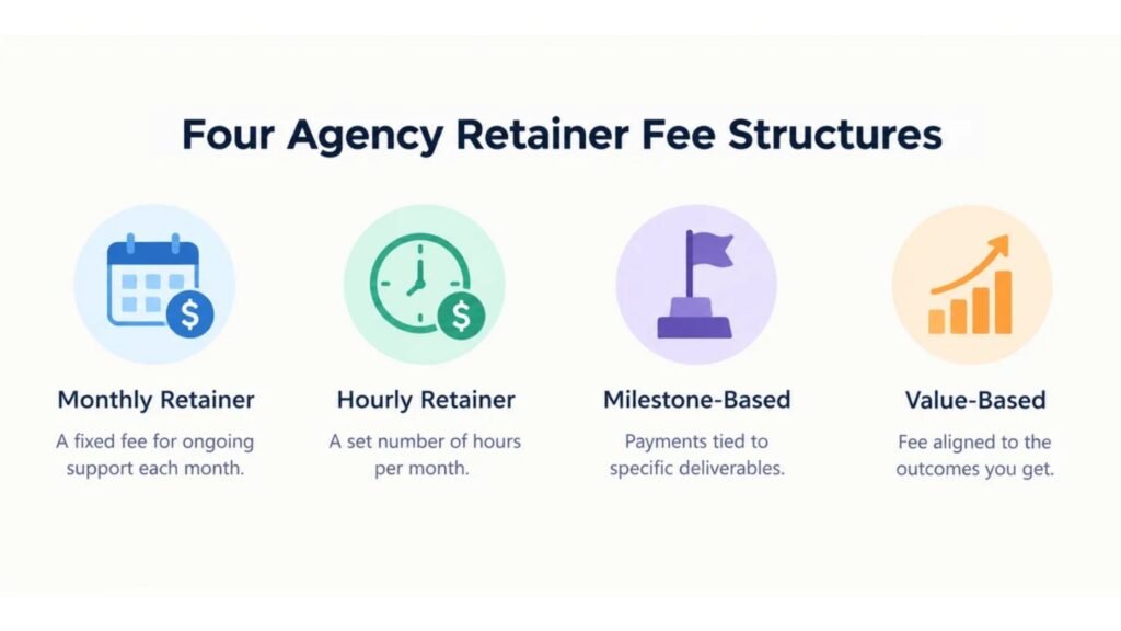 the four fee structures as four simple icons with one line each
