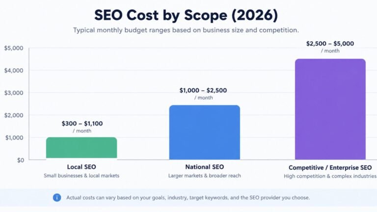 SEO cost comparison chart showing local, national, and enterprise SEO budget ranges for 2026