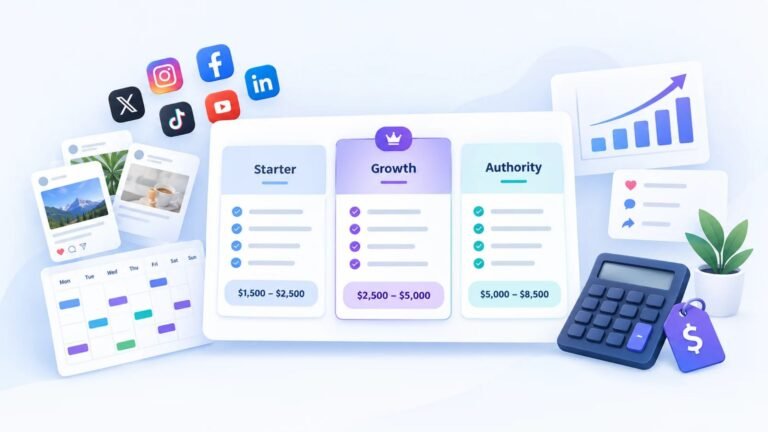 Social media management pricing plans with Starter, Growth, and Authority packages